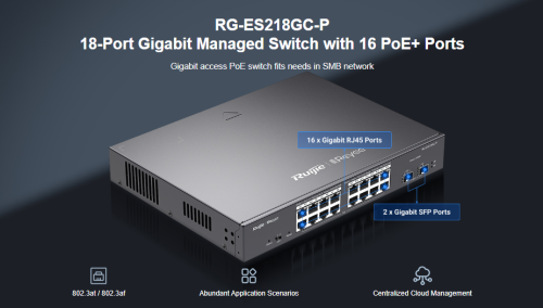 SWITCH POE RUIJIE RG-ES218GC-P 16 CỔNG POE GIGABIT + 2 CỔNG SFP 1000Mbps