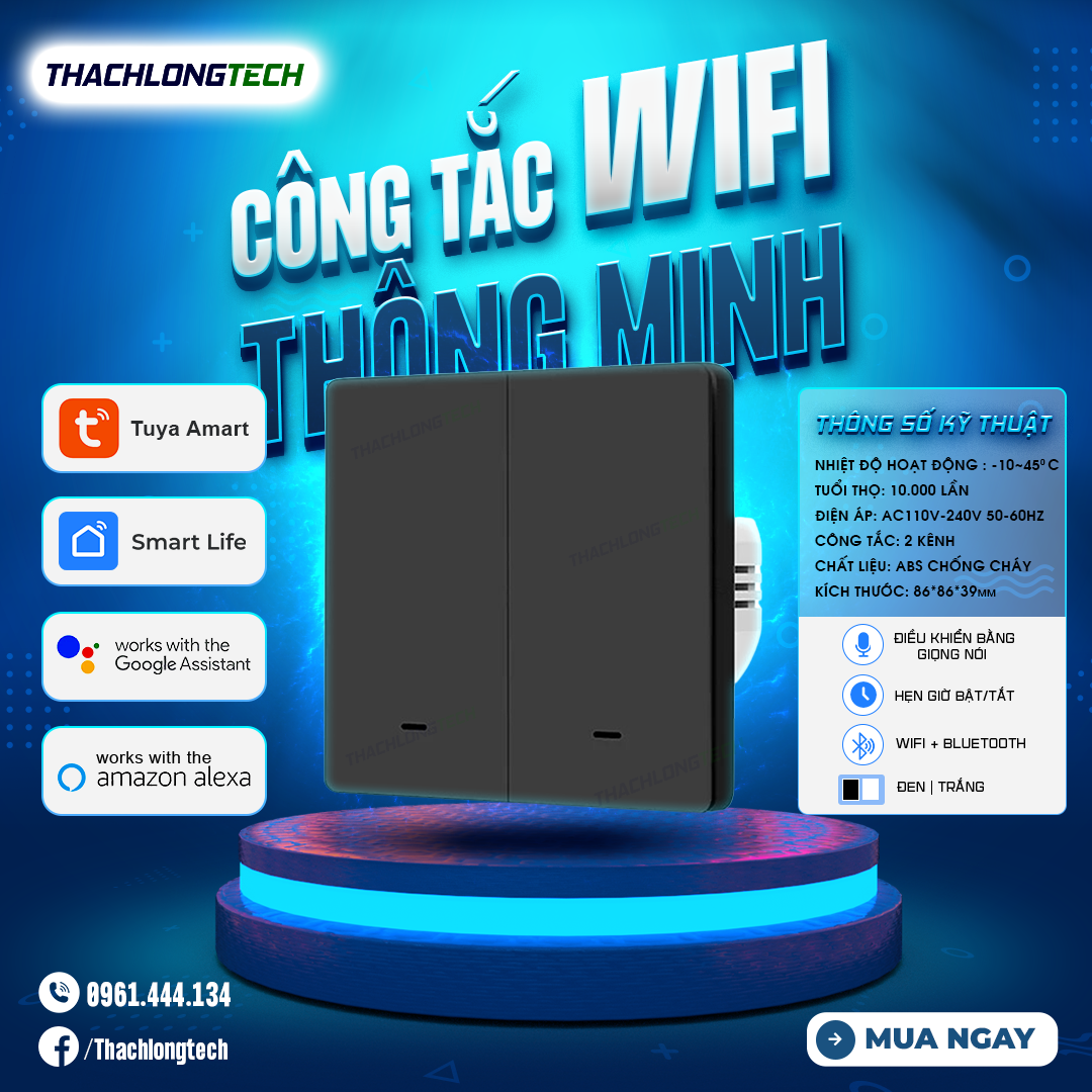 CÔNG TẮC ĐÈN WIFI THÔNG MINH TUYA - 2 KÊNH 10A - MÀU ĐEN/TRẮNG