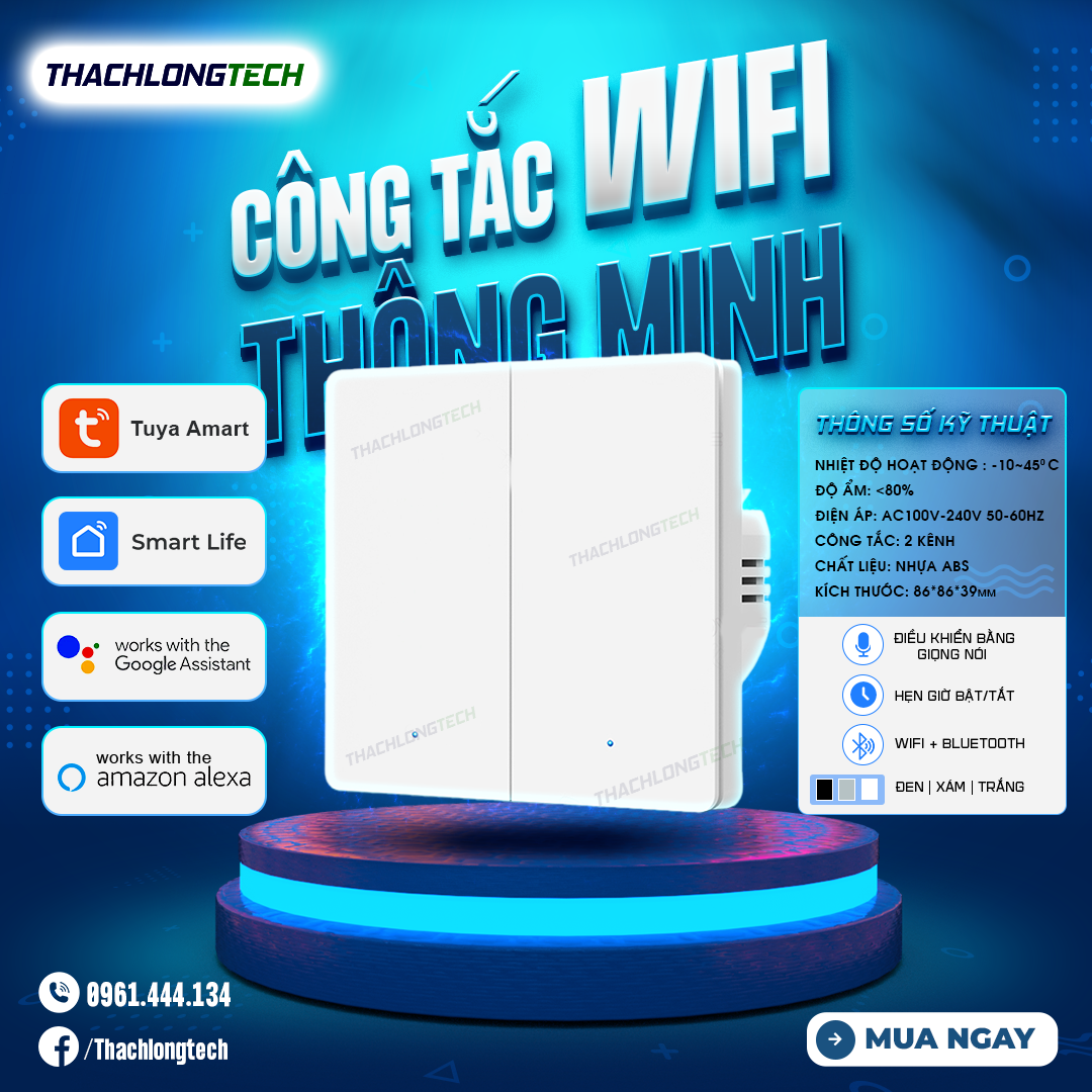 CÔNG TẮC WIFI THÔNG MINH TUYA - 2 KÊNH 10A - MÀU ĐEN/XÁM/TRẮNG