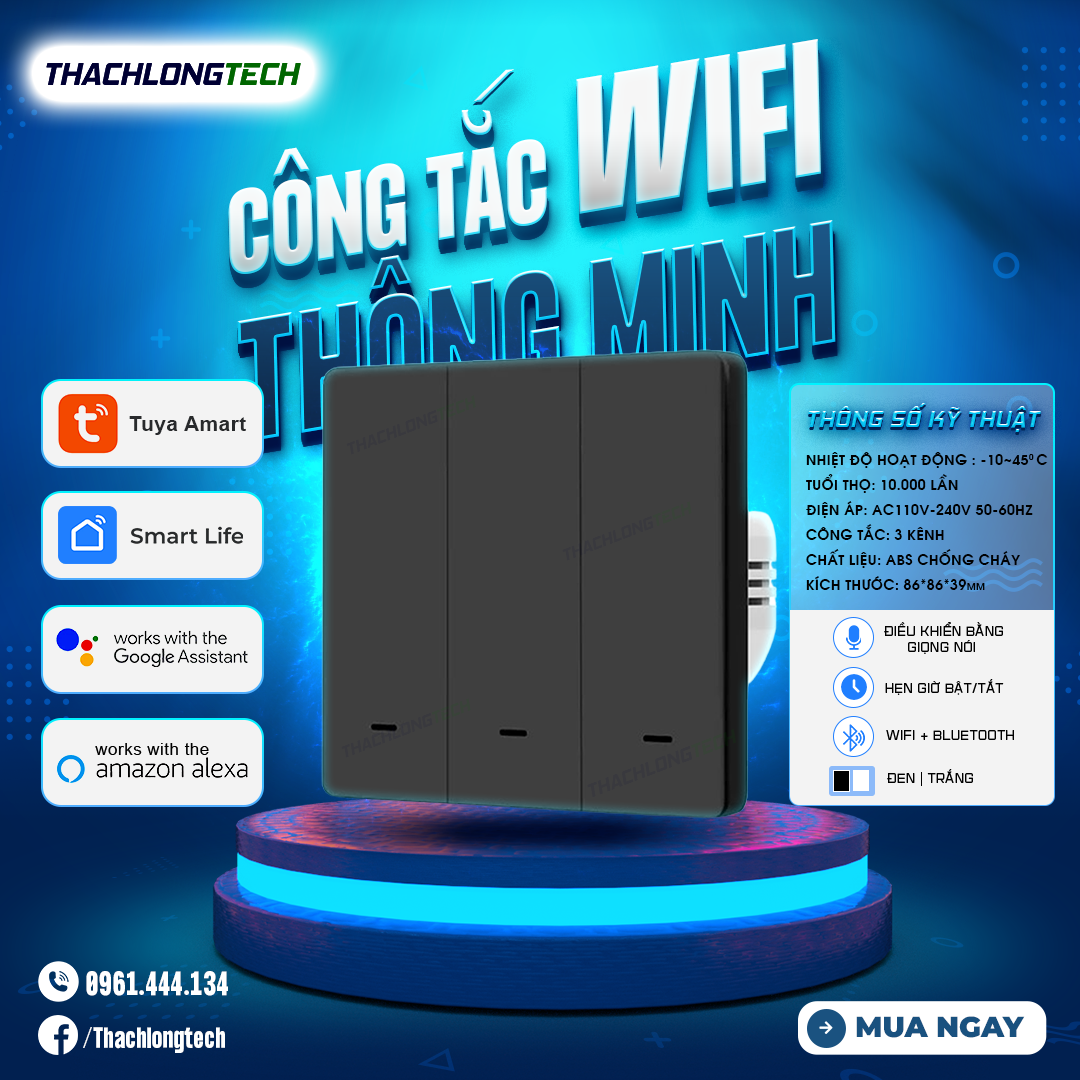 CÔNG TẮC ĐÈN WIFI THÔNG MINH TUYA - 3 KÊNH 10A - MÀU ĐEN/TRẮNG