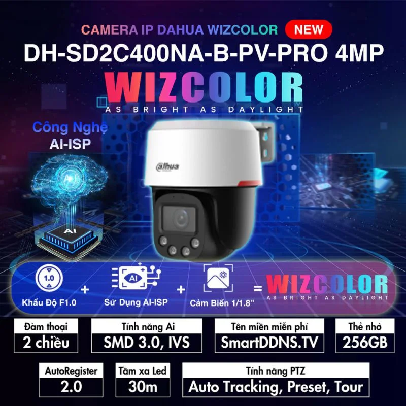 Camera DH-SD2C400NA-B-PV-PRO Dahua - 4MP dòng sản phẩm Wizcolor - Đánh tan màn đêm.