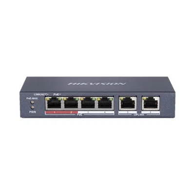 Switch PoE Hikvision DS-3E0106P-E/M – 4 cổng PoE, 2 uplink, truyền xa 300m, vỏ kim loại